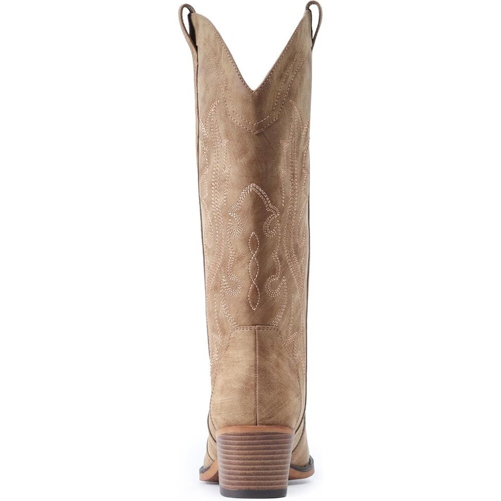 🆕Women Camel Faux Leather Western Cowgirl Chunky Heel Mid Calf Snip Toe Boots - Picture 8 of 10